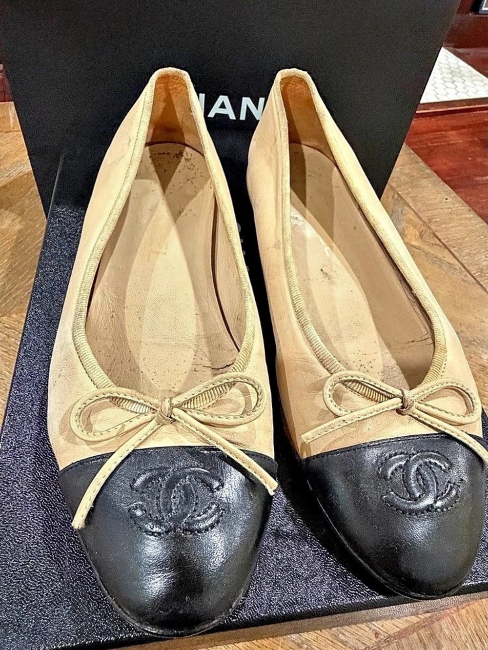 Chanel Cap Toe CC Ballet Flats Beige Black US size 37 1/2 or 7.5 women